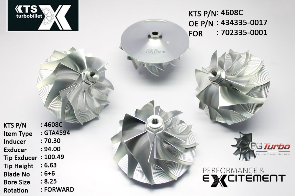 Turbo ROUE FORGÉE MFS PERFORMANCE - 6+6 PALES - INDUCER : 70,3 - EXDUCER : 94 - TYPE : GTA4594ANGLE : 60° - ROTATION : Forward - SUPER BACK : 9,51 - BORE SIZE : 8,25
